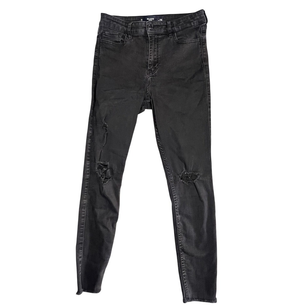 Hollister Women's Size 7 W28 High Rise Cropped Skinny Jeans Black Distressed Raw